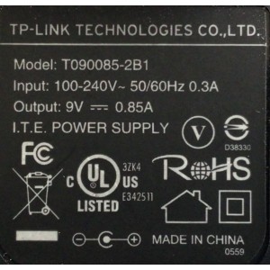 CARGADOR / ADAPTADOR DE FUENTE DE ALIMENTACION TP-LINK / VCA-VCD / NUMERO DE PARTE T090085-2B1 / ENTRADA VCA 100-240V~ 50/60HZ 0.3A / SALIDA VCD 9V 0.85A / MODELO T090085-2B1